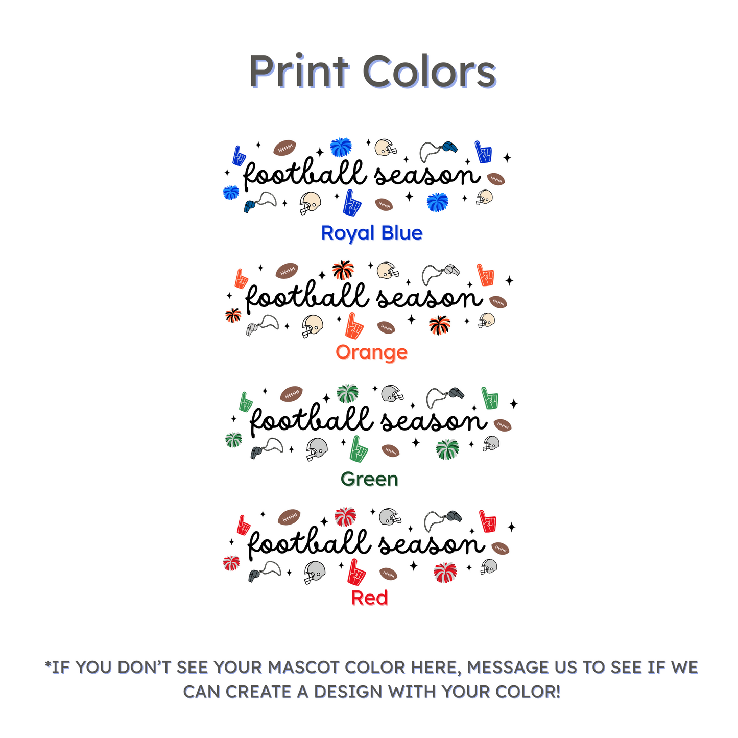 Color swatches for 'football season' text with icons in royal blue, orange, green, and red on a white background.