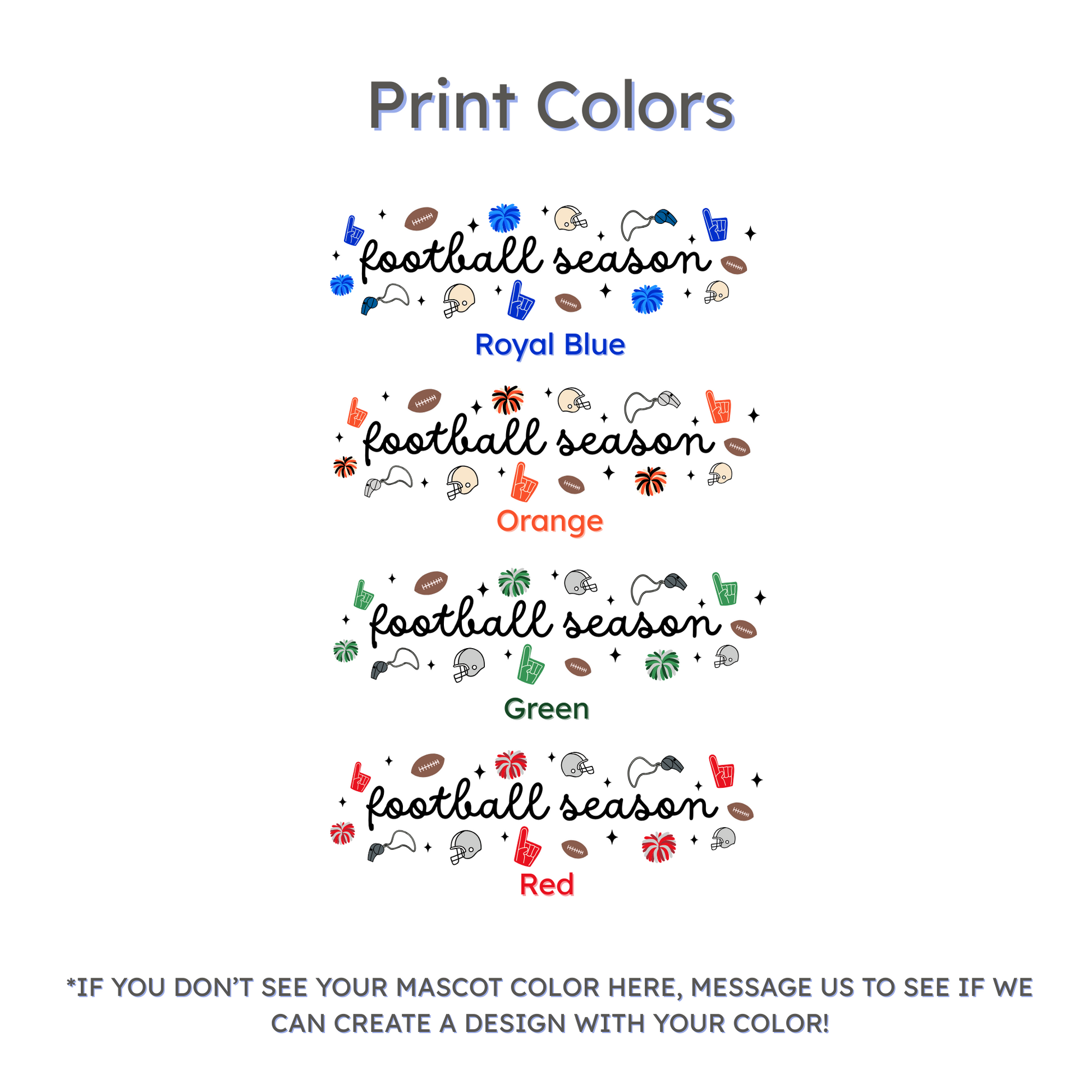 Color swatches for 'football season' text with icons in royal blue, orange, green, and red on a white background.