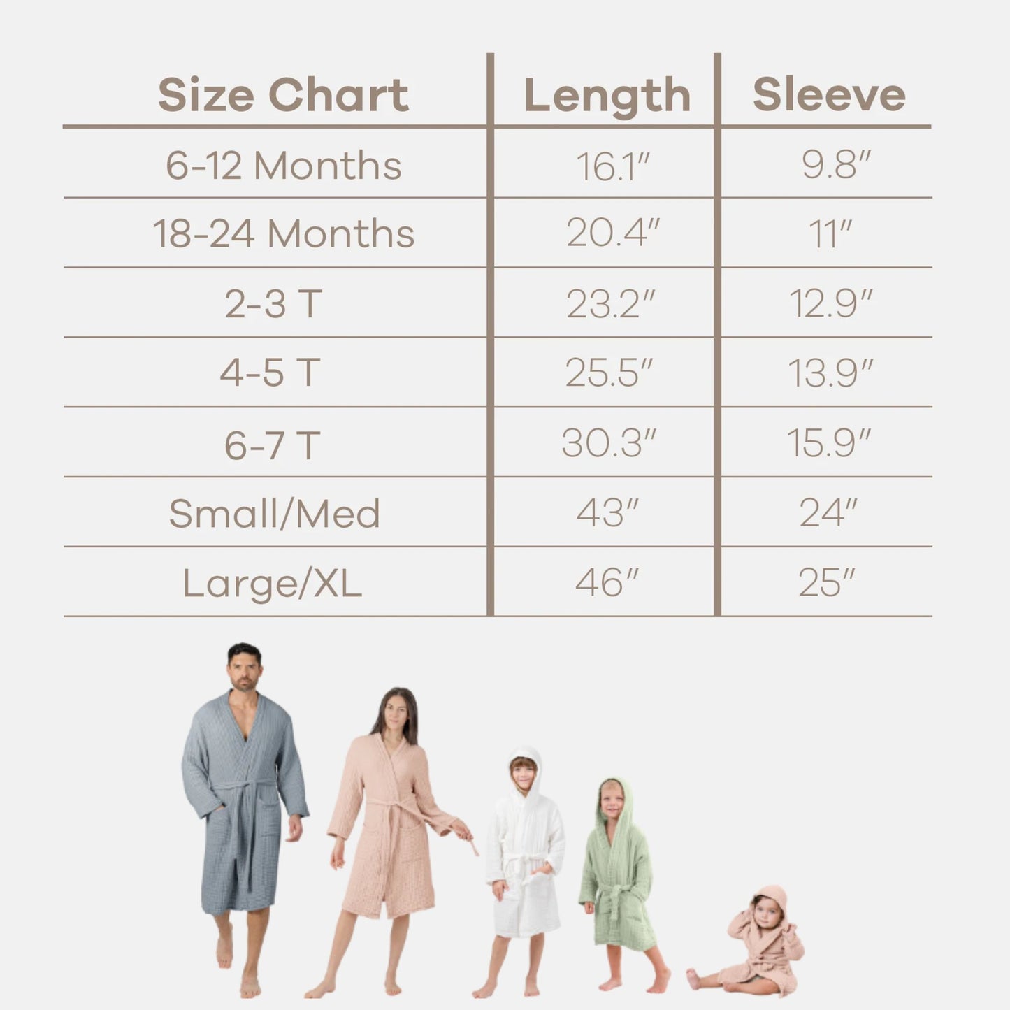 Size chart for robes with measurements of length and sleeve length, accompanied by a family wearing the robes.