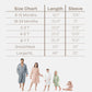 Size chart for robes with measurements of length and sleeve length, accompanied by a family wearing the robes.