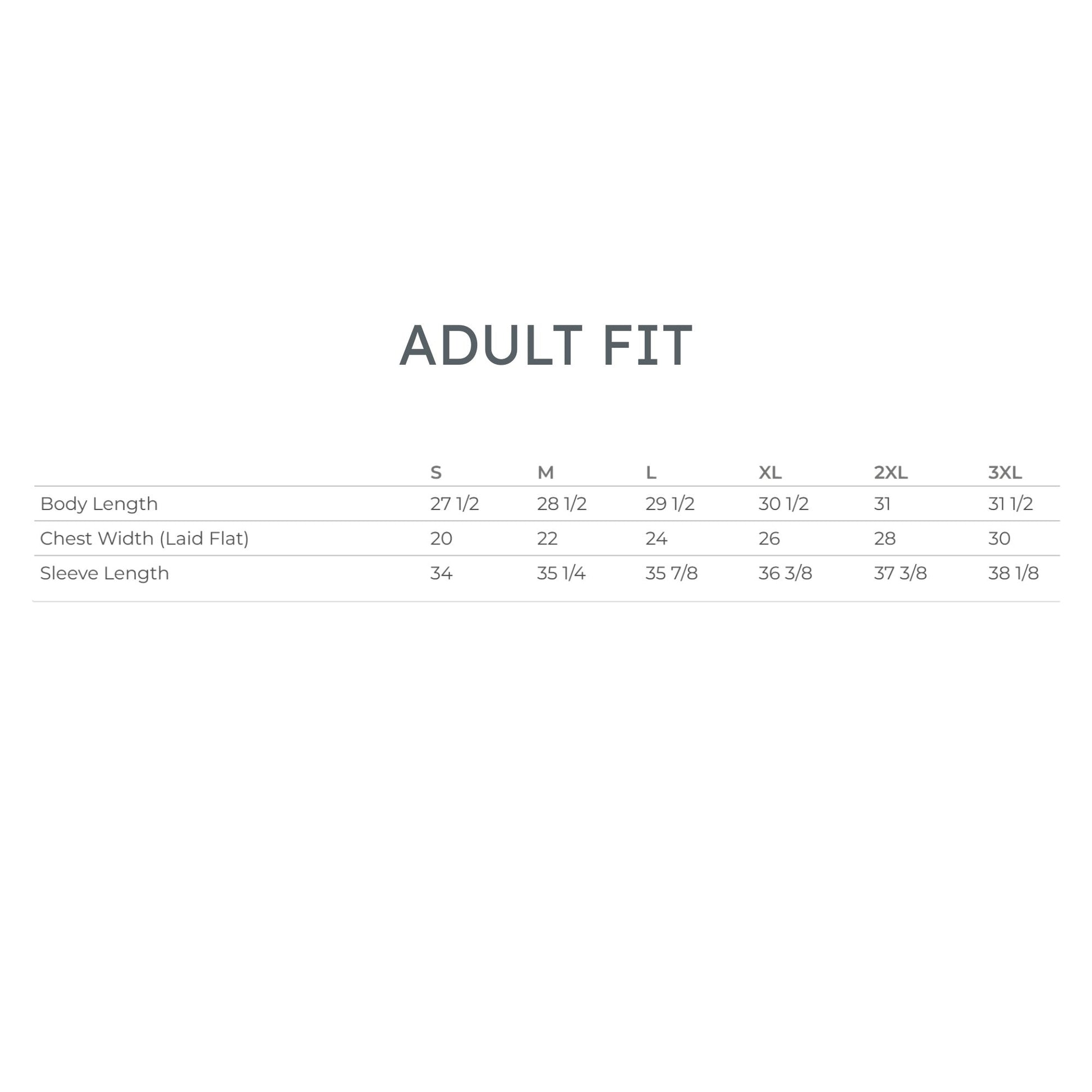 Size chart for adult fit with measurements in inches.