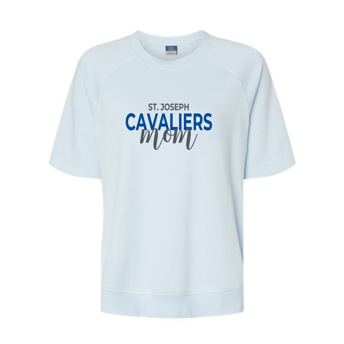 artic blue french terry short sleeve pullover with charcoal and royal blue st joseph cavaliers mom printed design