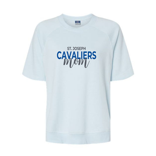 artic blue french terry short sleeve pullover with charcoal and royal blue st joseph cavaliers mom printed design