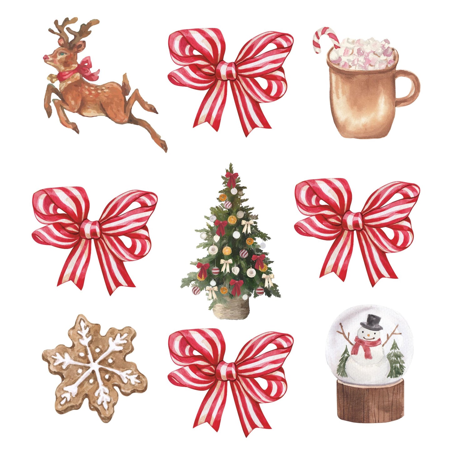 A retro reindeer, bow, cocoa, tree, cookie, and snow globe printed design