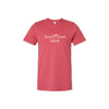 vintage red bella and canvas tee with a custom sacred heart schools print in white 