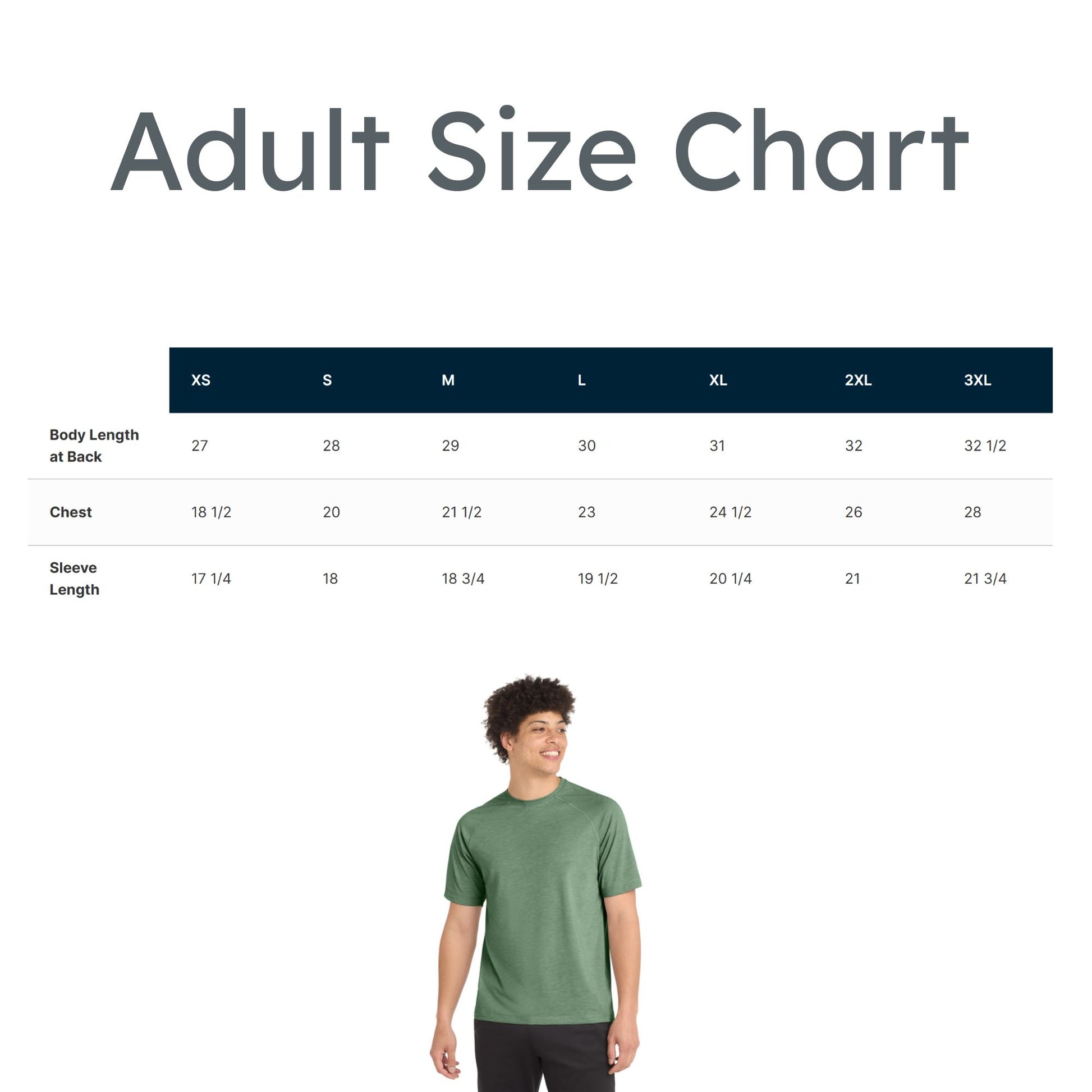 Size chart for adult clothing with a person wearing a green shirt.