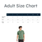 Size chart for adult clothing with a person wearing a green shirt.
