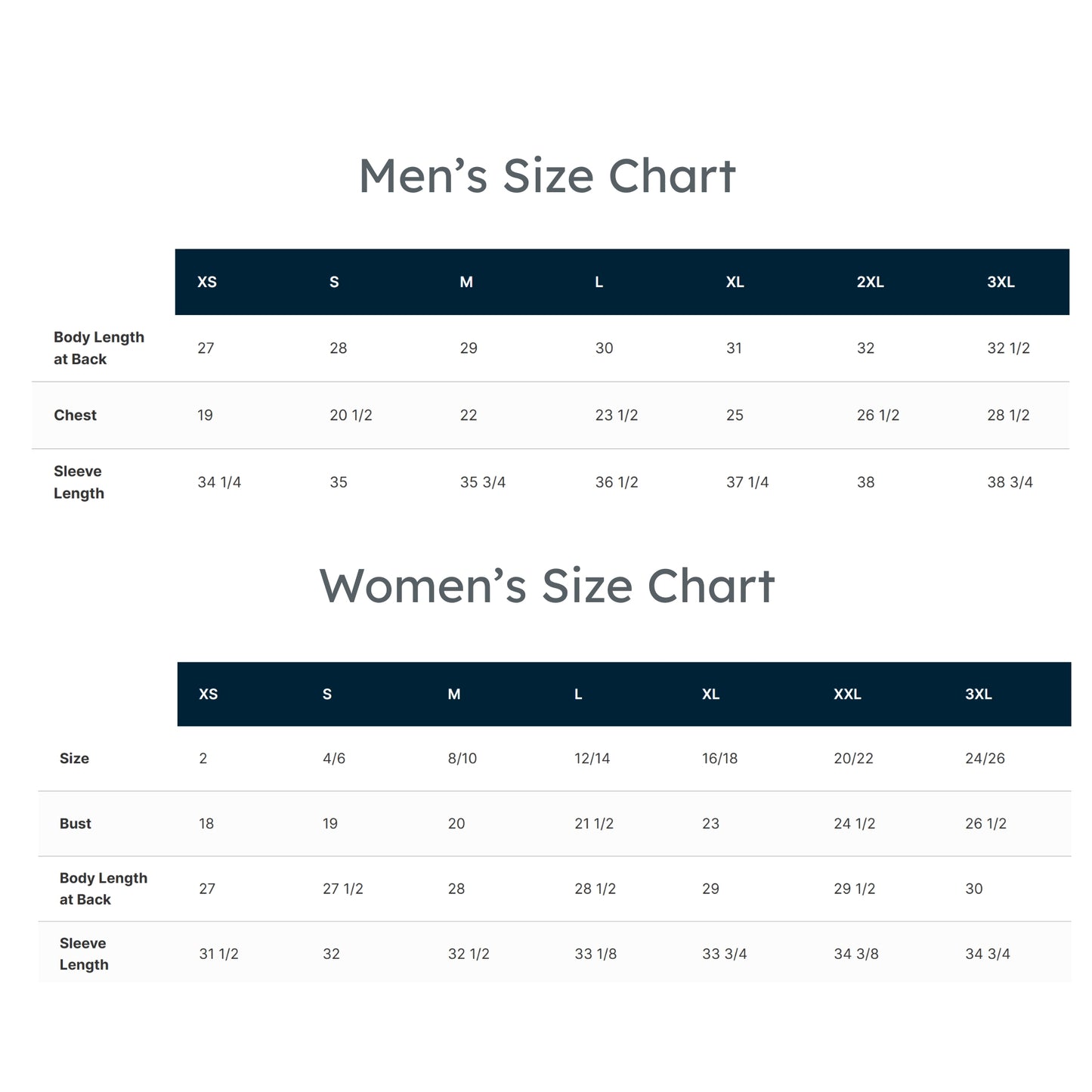 Size charts for men and women on a white background