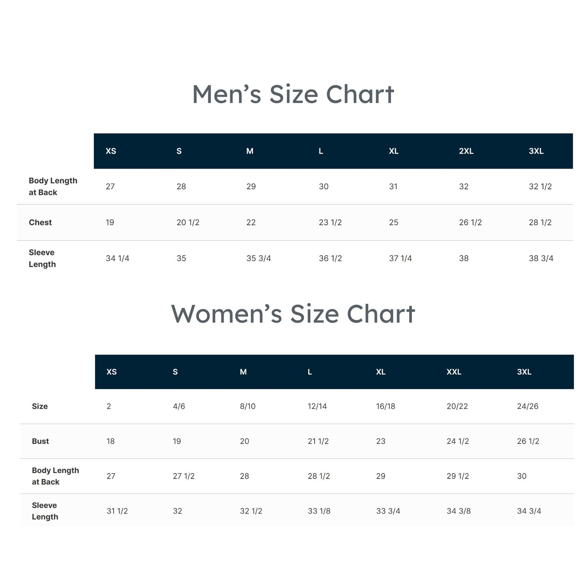 Size charts for men and women on a white background