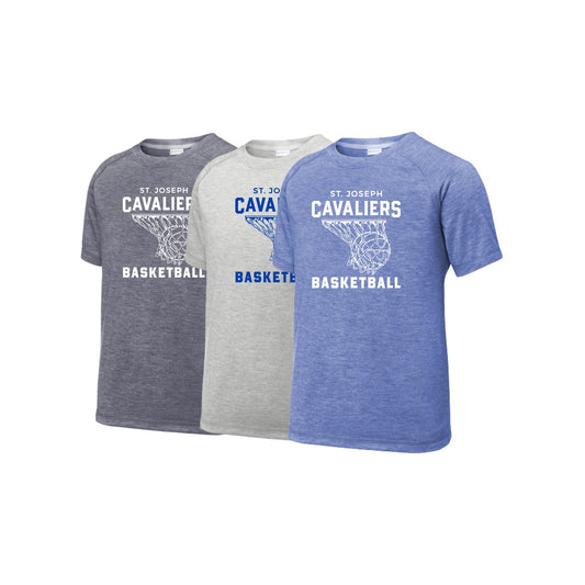 Three t-shirts with 'St. Joseph Cavaliers Basketball' text on a white background