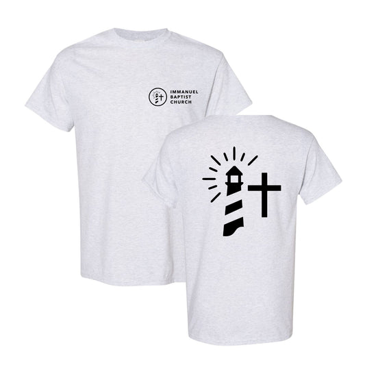 ash crewneck t-shirt with an immanuel baptist church logo print on the front and a large lighthouse print on the back