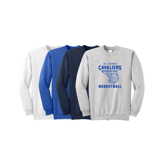 Four sweatshirts in different colors with 'St. Joseph Cavaliers Basketball' text on a white background.