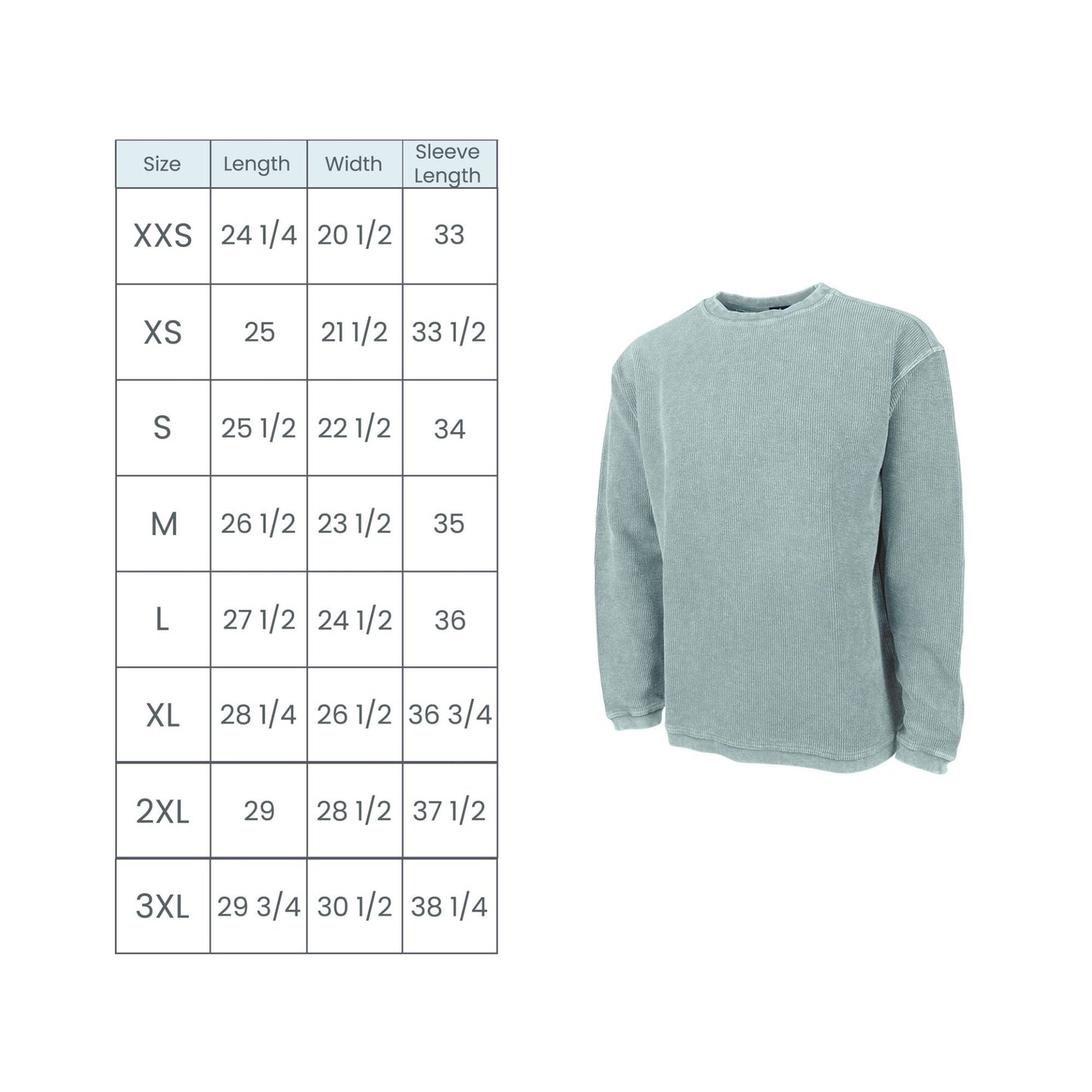 Green sweatshirt with size chart on a white background