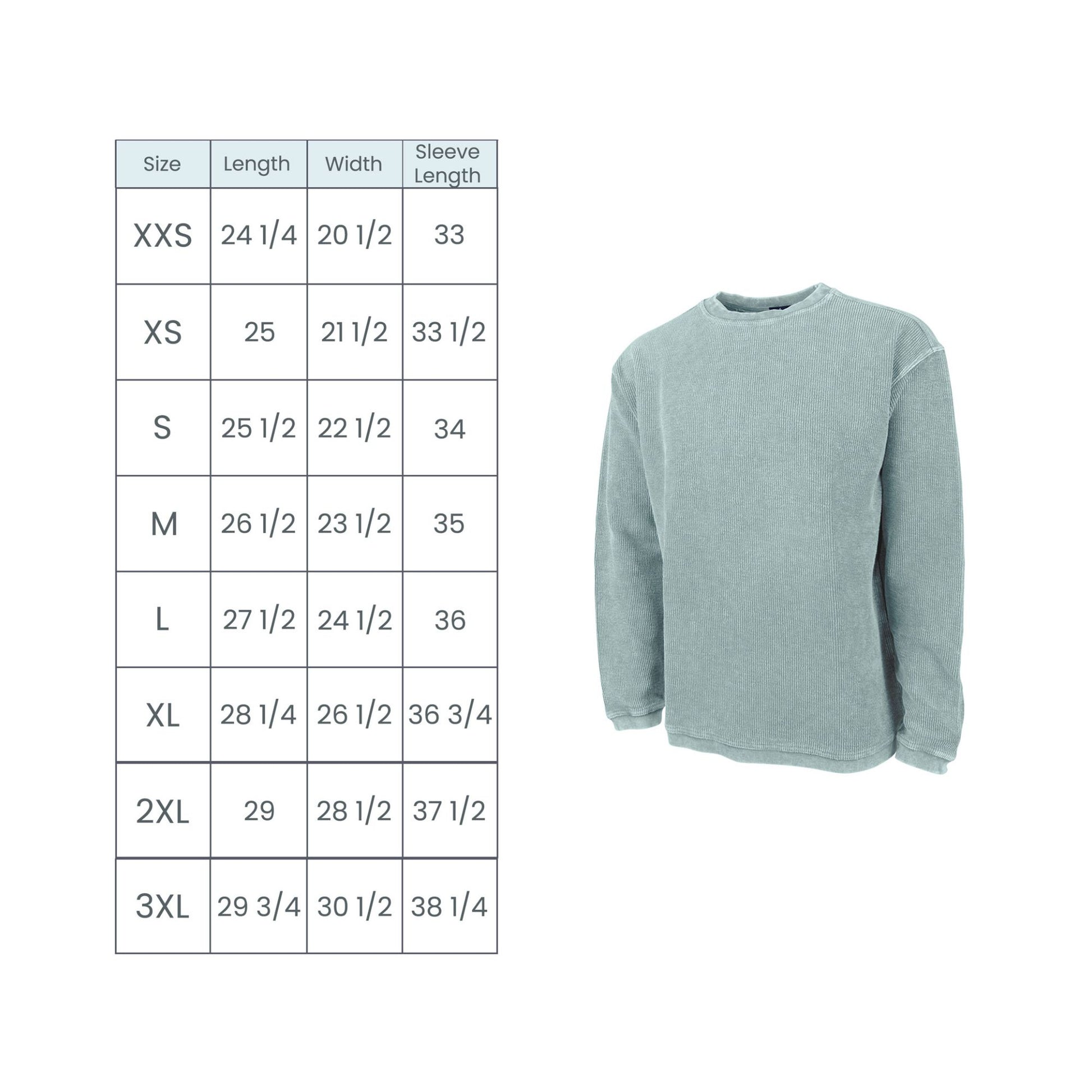 Green sweatshirt with size chart on a white background