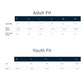 Size chart comparing adult and youth fits with measurements in inches.