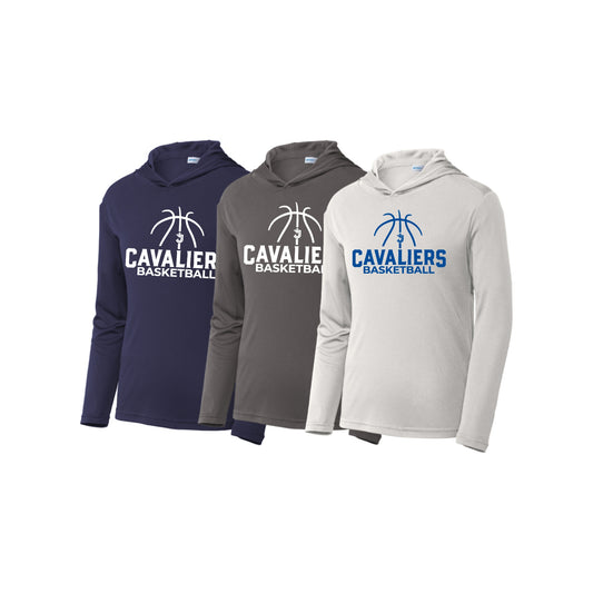 Three hoodies with 'Cavaliers Basketball' text and logo on a white background
