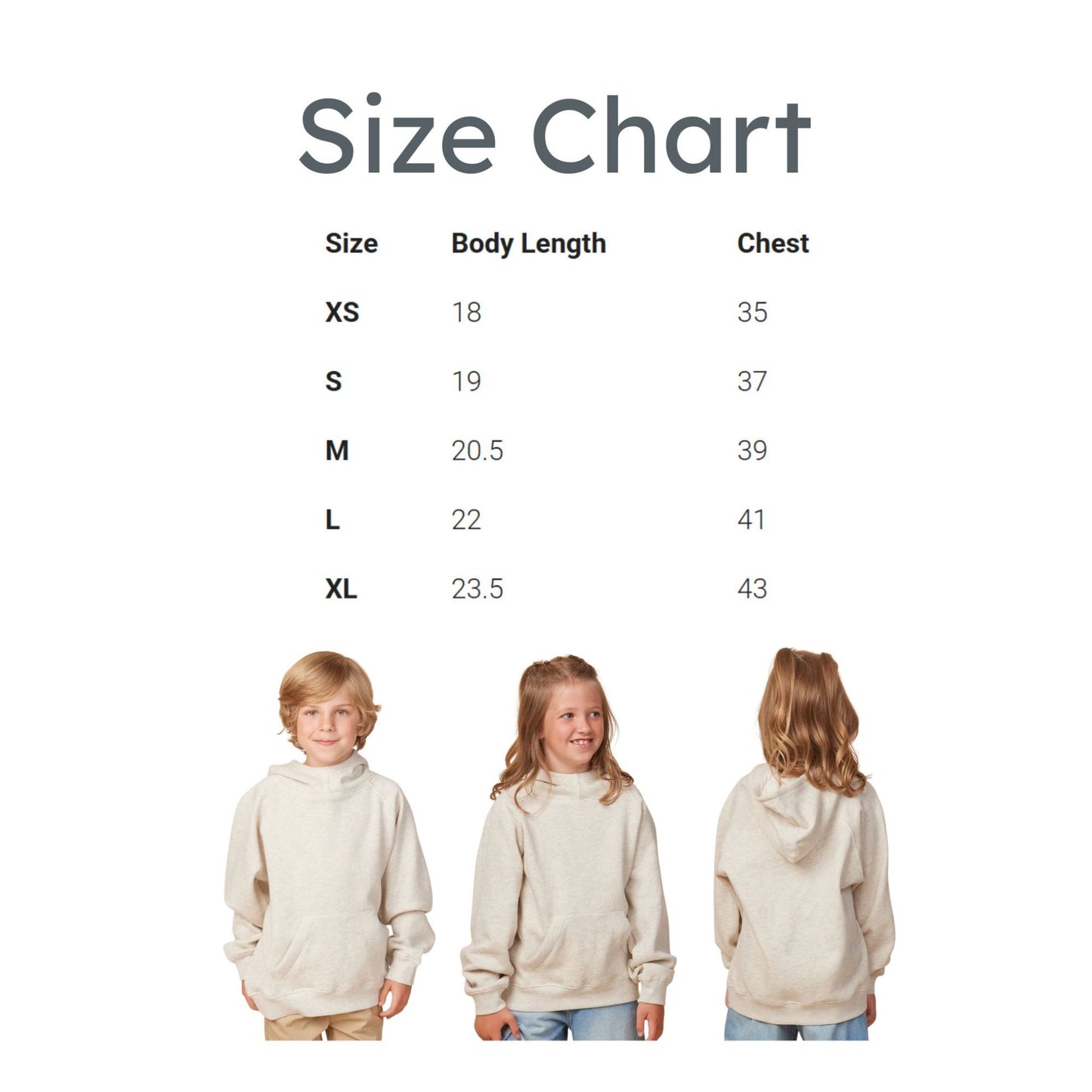 Size chart with children wearing a beige hoodie on a white background