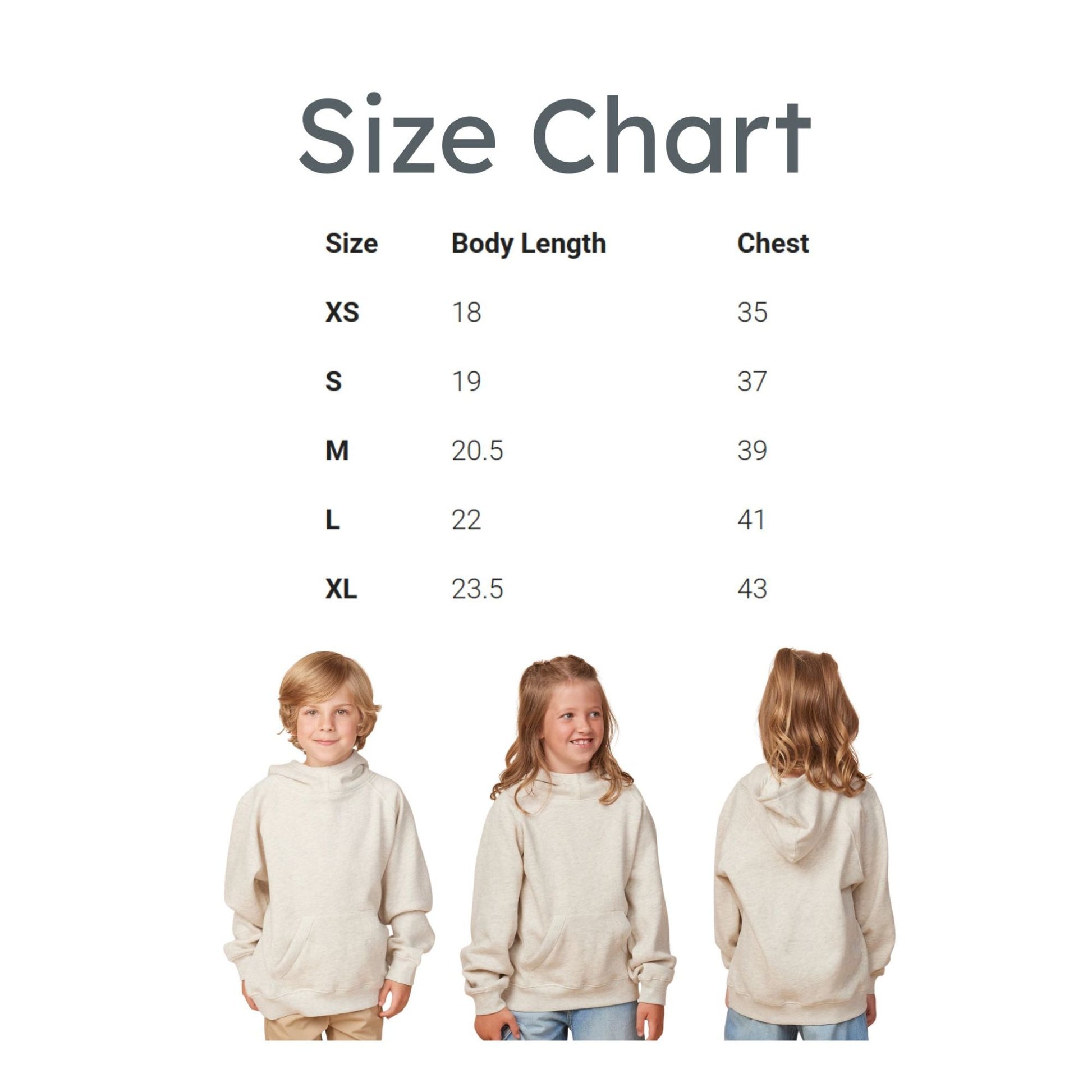 Size chart with children wearing a beige hoodie on a white background