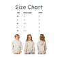 Size chart with children wearing a beige hoodie on a white background