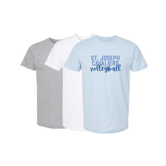 grey, white, and light blue t-shirts with st joseph cavaliers volleyball printed design