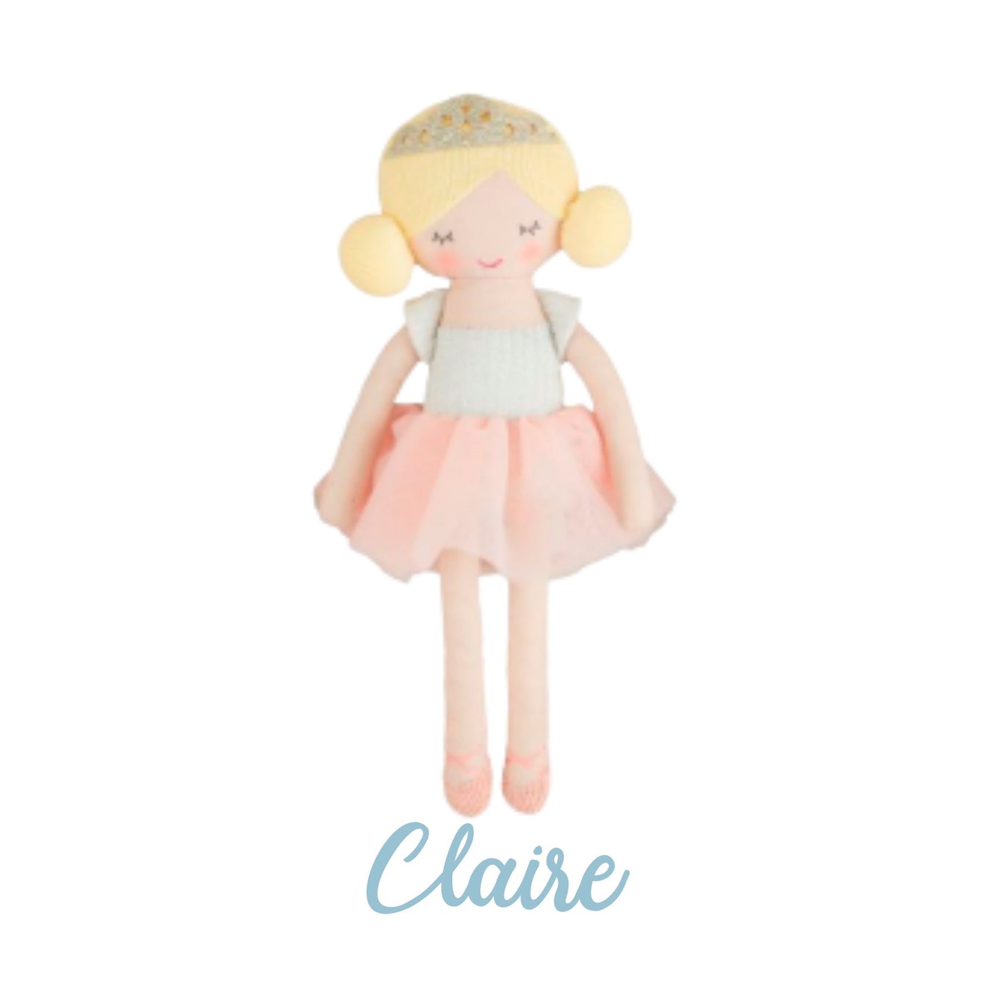 Plush doll with blonde hair and a pink skirt on a white background, labeled 'Claire'.