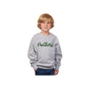 Child wearing a gray sweatshirt with 'Panthers' printed on it against a white background