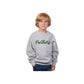 Child wearing a gray sweatshirt with 'Panthers' printed on it against a white background