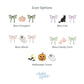 embroidered icon design options: bow/pumpkin, bow/cat, bow/ghost, bow/candy corn, or three halloween icons (moon/bat, jack o lantern, ghost)