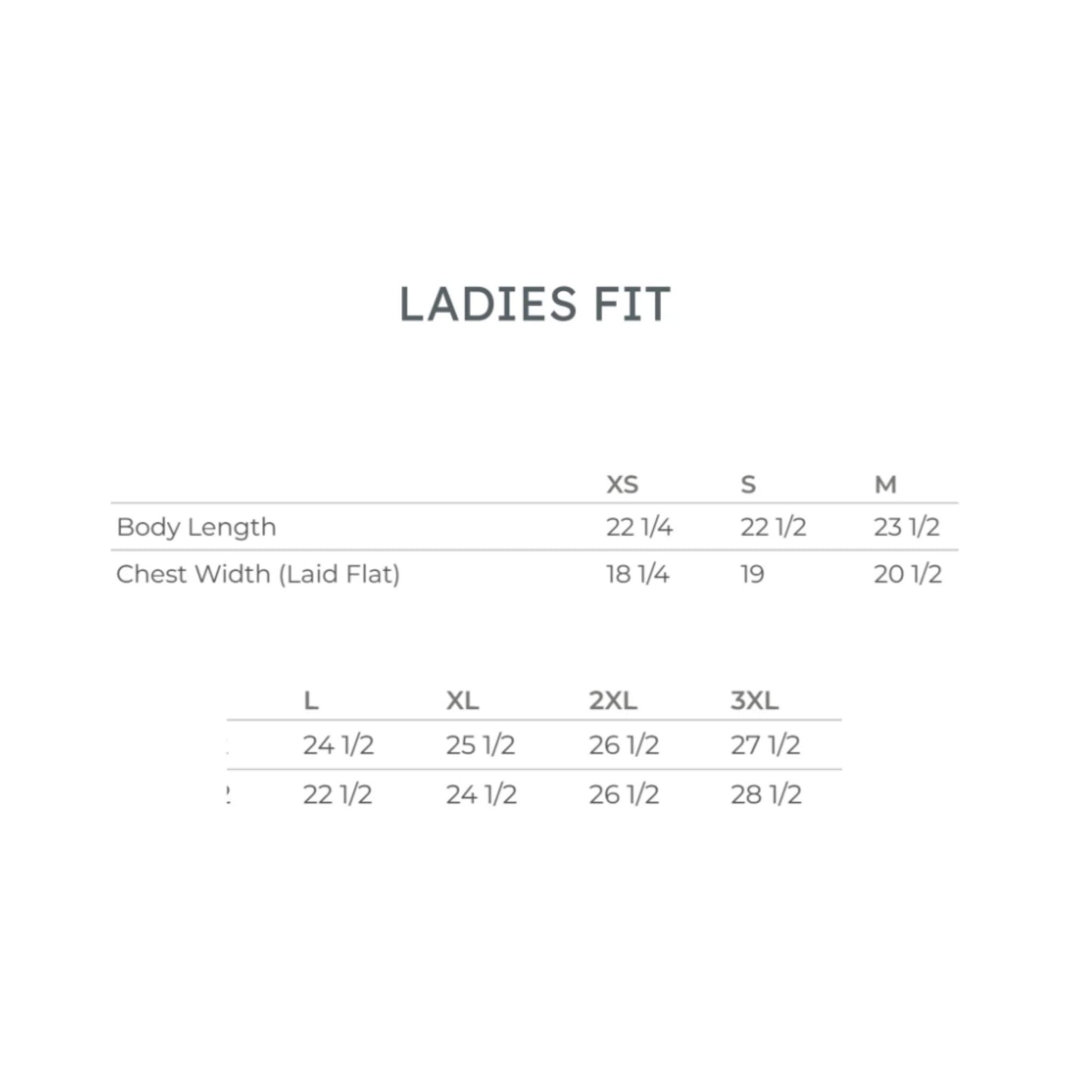 A size chart titled 'LADIES FIT' showing body length and chest width measurements for sizes XS, S, M, XL, 2XL, and 3XL on a plain white background.