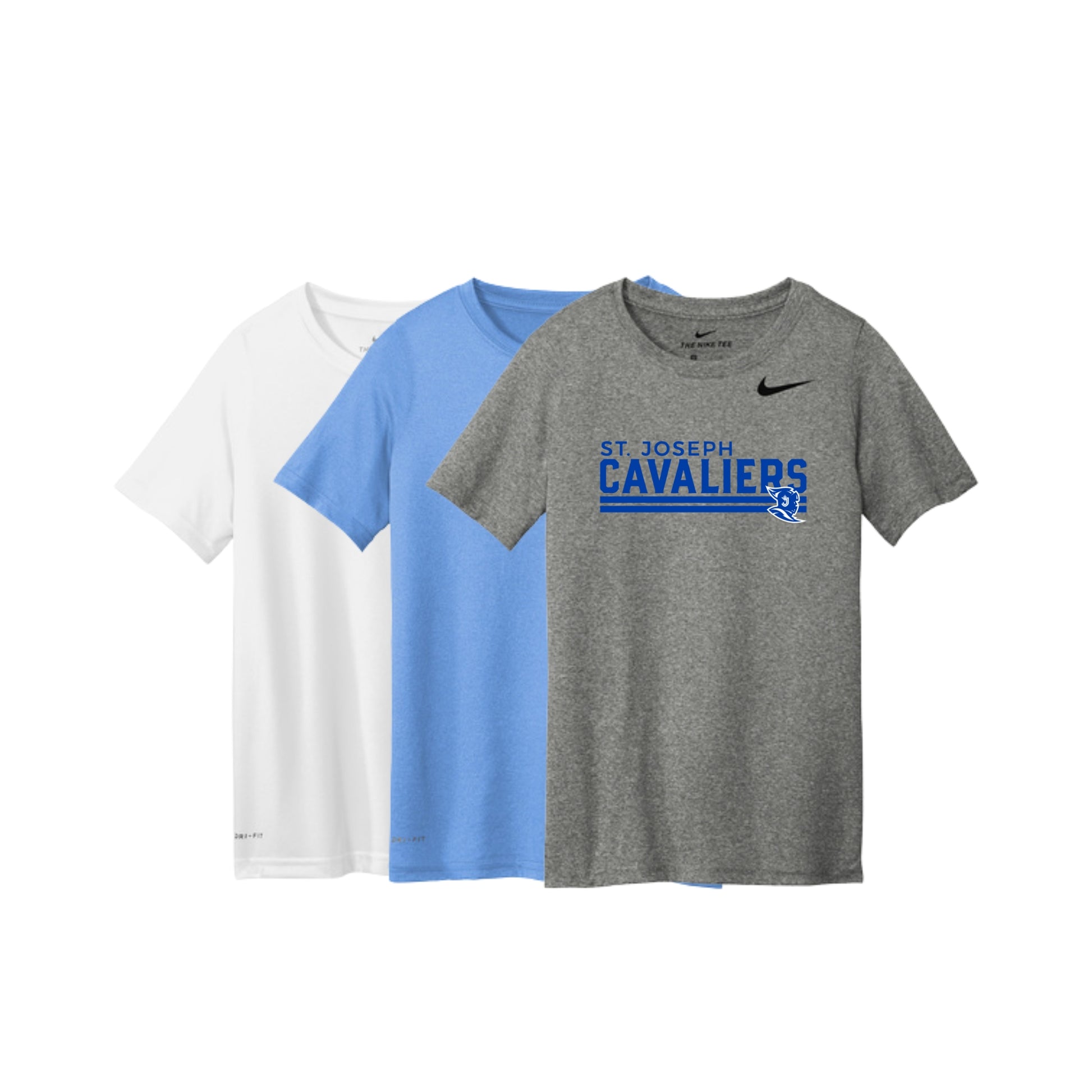 Three t-shirts in white, blue, and gray with 'St. Joseph Cavaliers' text on a white background.