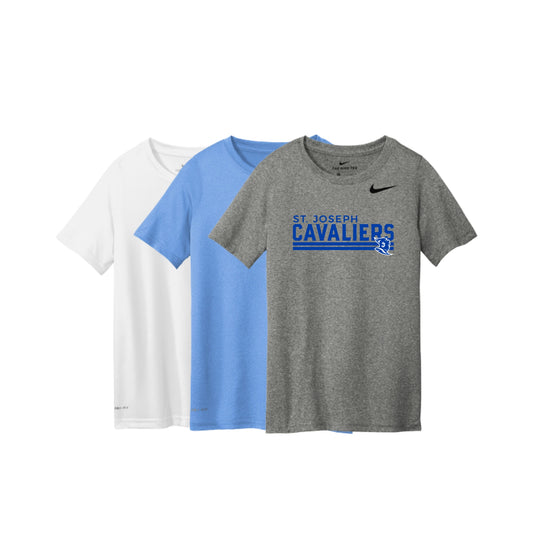 Three t-shirts in white, blue, and gray with 'St. Joseph Cavaliers' text on a white background.