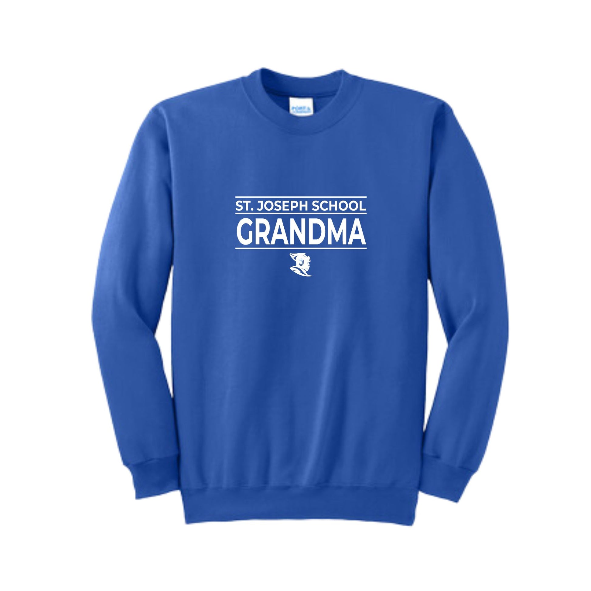 royal crewneck sweatshirt with a white st. joseph school grandma printed design