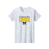 A light heather gray short-sleeve t-shirt with a graphic on the chest reading 'St. Antonius School CHEER' in black and yellow, with a black and yellow ribbon bow underneath, shown on a plain white background.