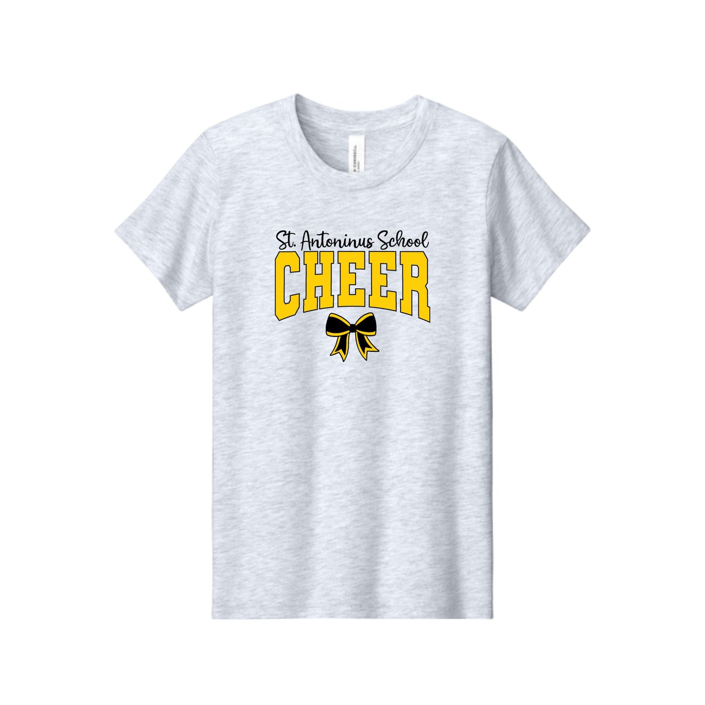 A light heather gray short-sleeve t-shirt with a graphic on the chest reading 'St. Antonius School CHEER' in black and yellow, with a black and yellow ribbon bow underneath, shown on a plain white background.