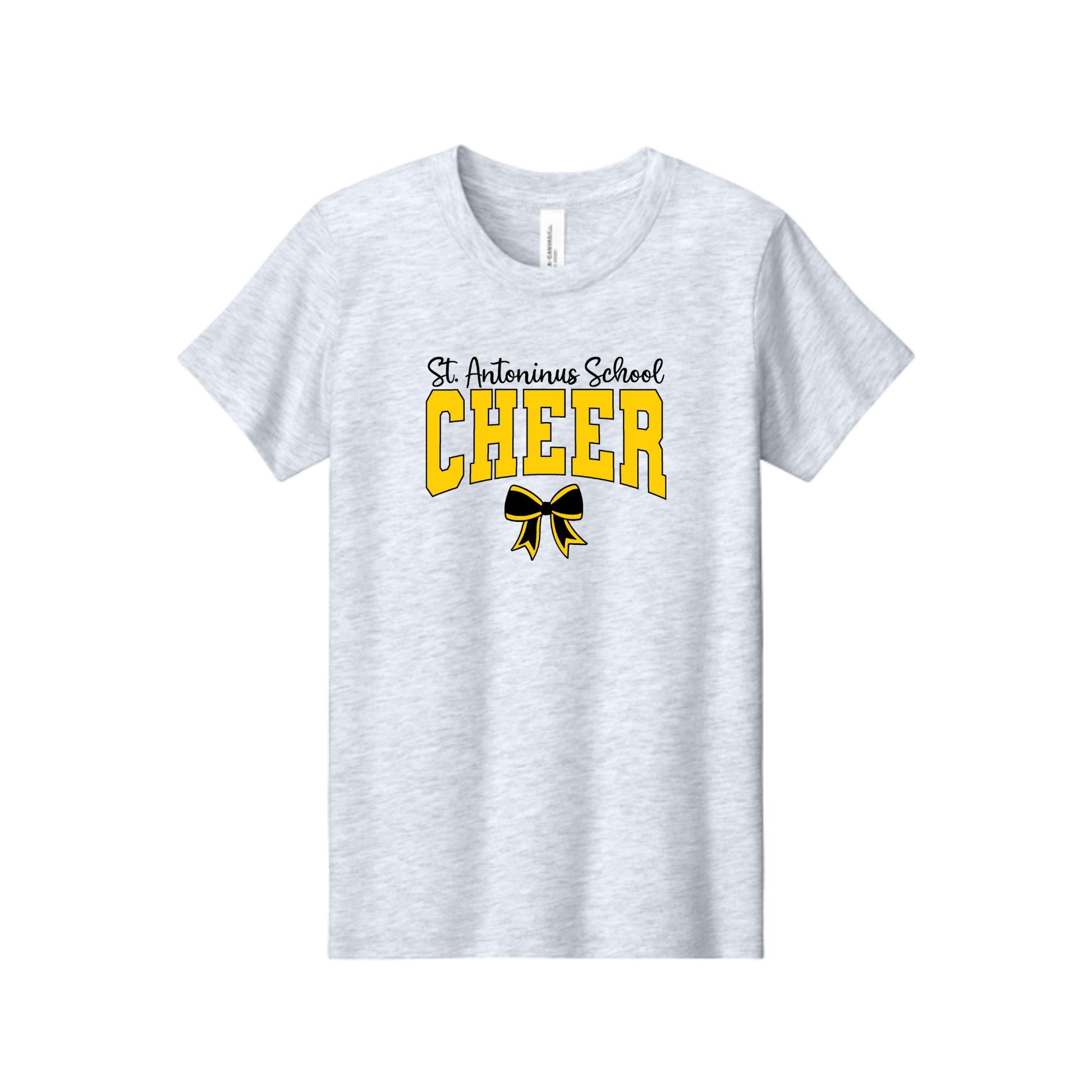 A light heather gray short-sleeve t-shirt with a graphic on the chest reading 'St. Antonius School CHEER' in black and yellow, with a black and yellow ribbon bow underneath, shown on a plain white background.