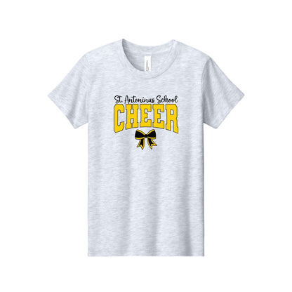 A light heather gray short-sleeve t-shirt with a graphic on the chest reading 'St. Antonius School CHEER' in black and yellow, with a black and yellow ribbon bow underneath, shown on a plain white background.
