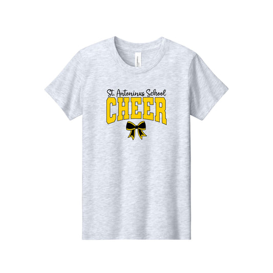 A light heather gray short-sleeve t-shirt with a graphic on the chest reading 'St. Antonius School CHEER' in black and yellow, with a black and yellow ribbon bow underneath, shown on a plain white background.
