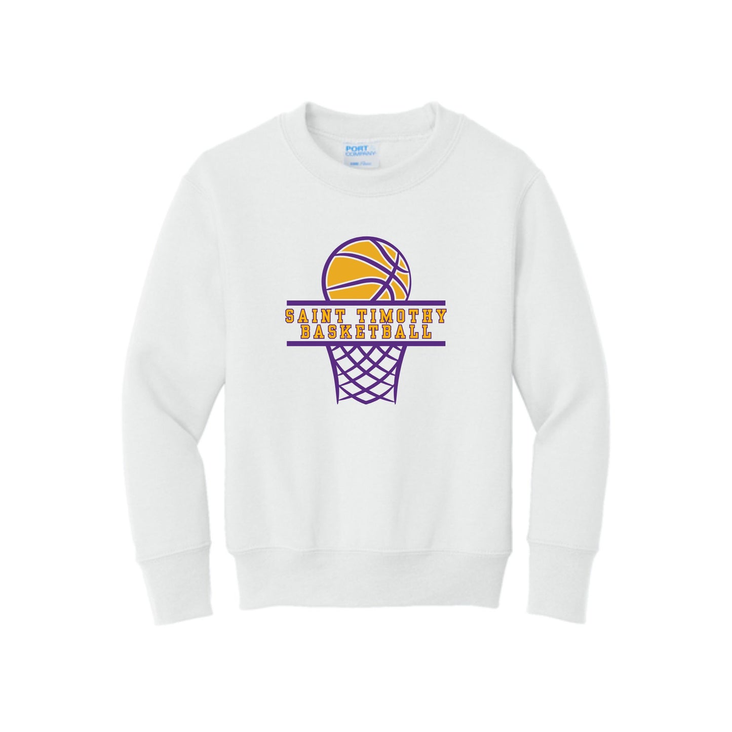 White sweatshirt with basketball design and text on a white background