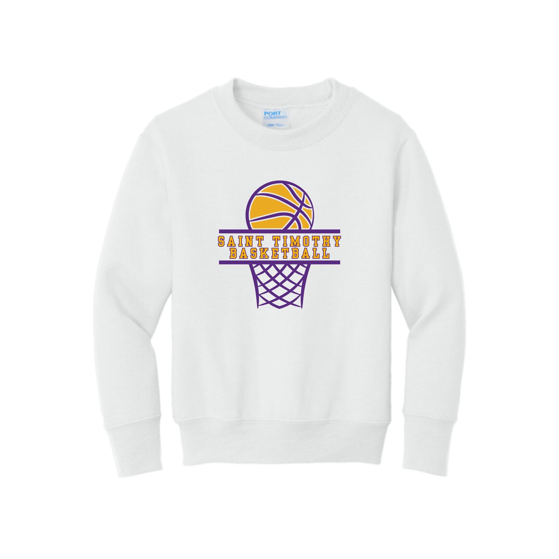White sweatshirt with basketball design and text on a white background