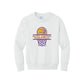 White sweatshirt with basketball design and text on a white background