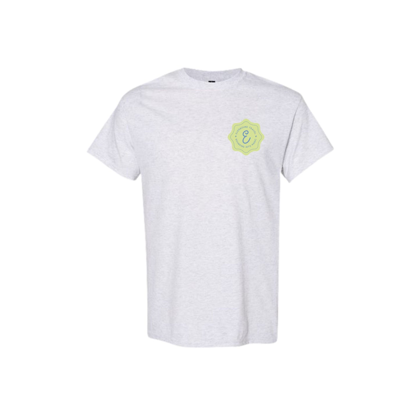 White t-shirt with a green logo on a white background