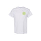 White t-shirt with a green logo on a white background