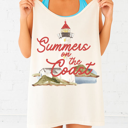 Person holding a tank top with 'Summers on the Coast' design featuring lighthouses and a beach.