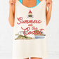 Person holding a tank top with 'Summers on the Coast' design featuring lighthouses and a beach.