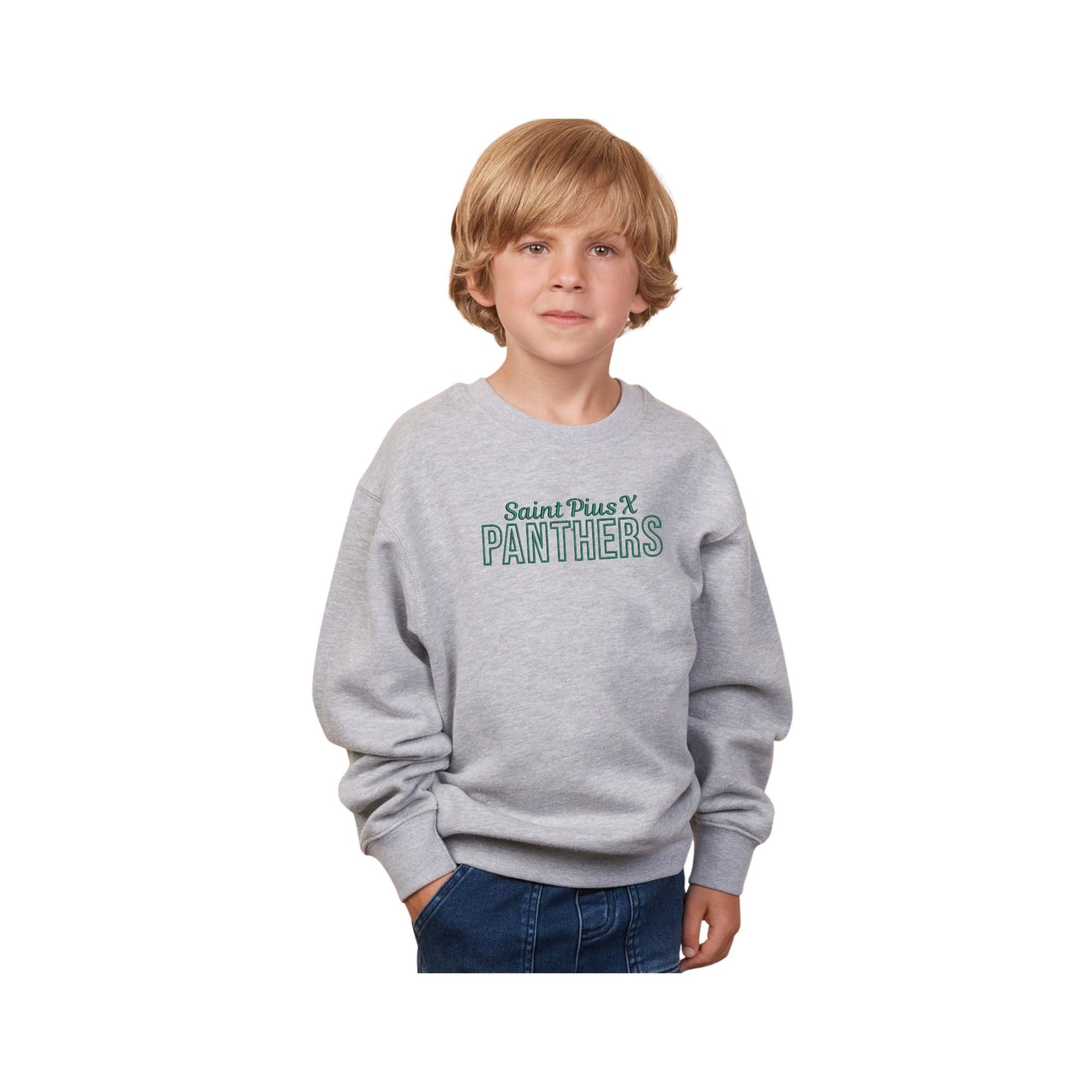 child wearing an athletic heather sweatshirt with 'Saint Pius X Panthers' embroidered design on the center chest in green thread
