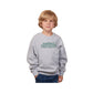 child wearing an athletic heather sweatshirt with 'Saint Pius X Panthers' embroidered design on the center chest in green thread