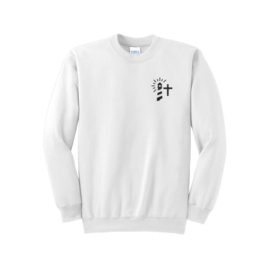 white crewneck sweatshirt with embroidered lighthouse and cross on the left chest