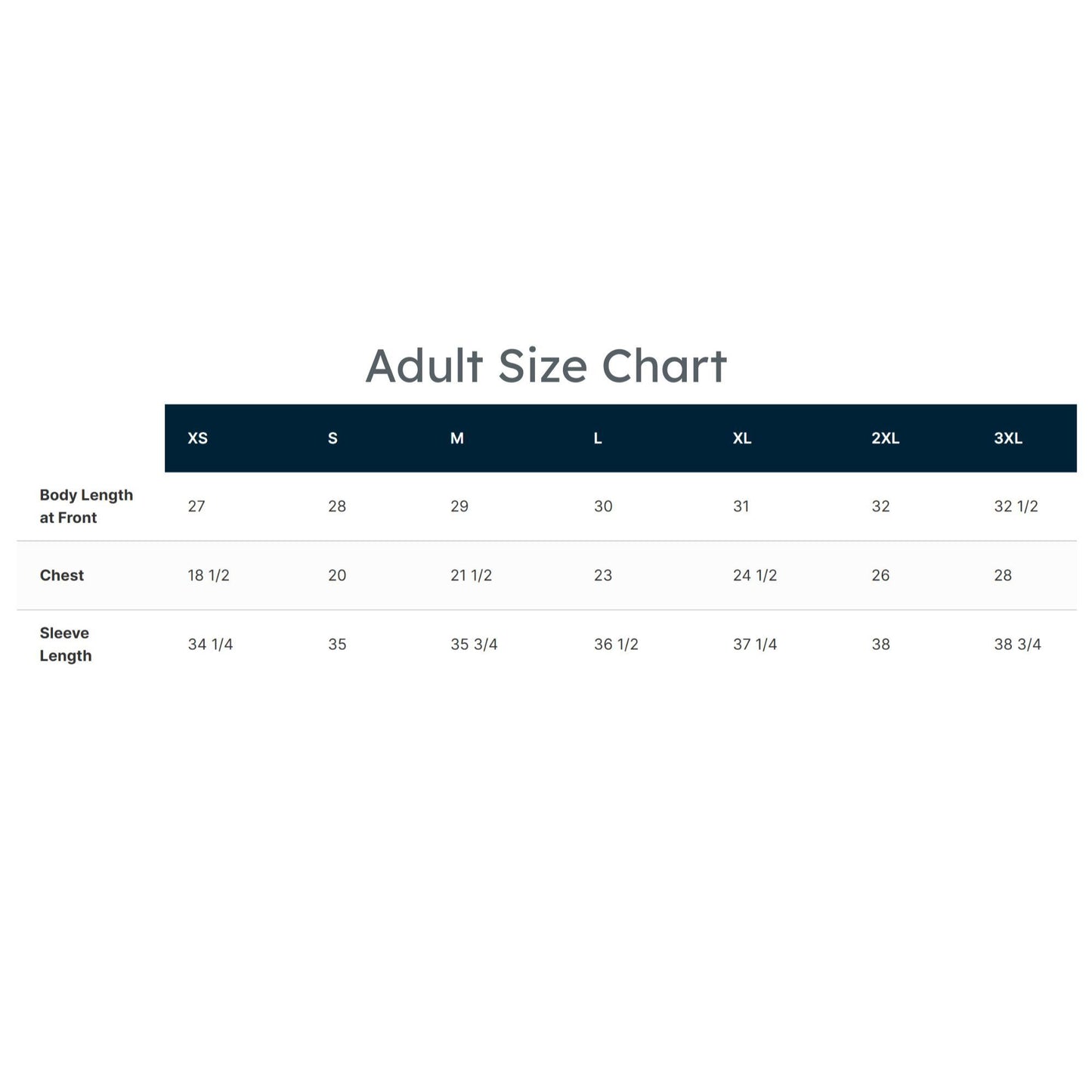 Adult size chart for clothing measurements on a white background