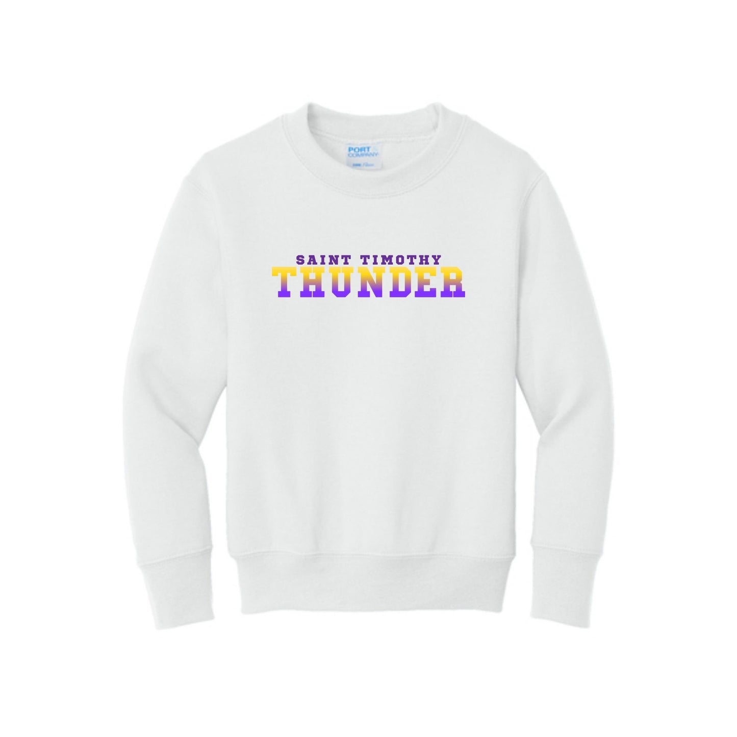White sweatshirt with 'Saint Timothy Thunder' text on a white background