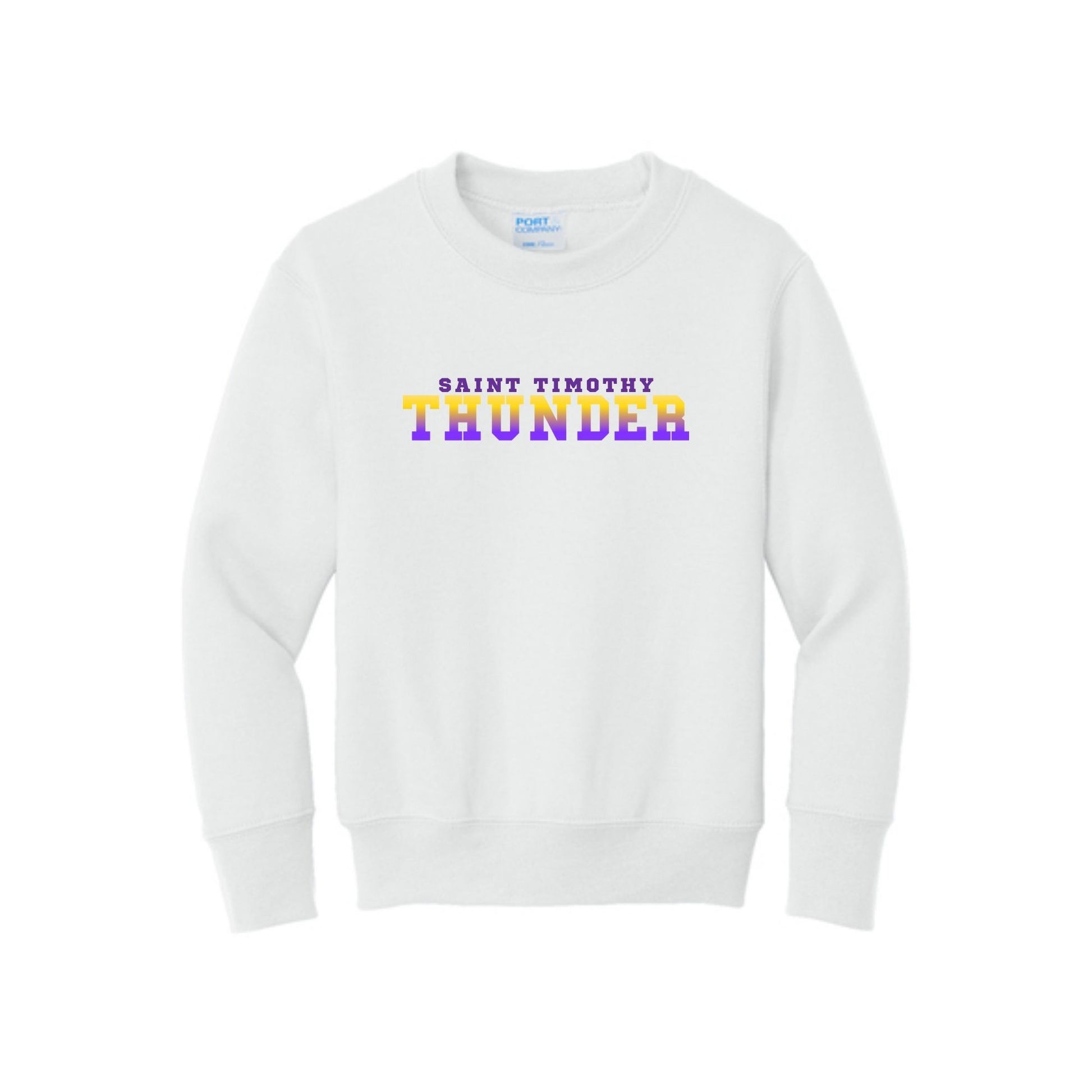 White sweatshirt with 'Saint Timothy Thunder' text on a white background